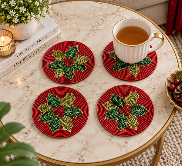 Red Holly Beaded Coaster Set of 4
