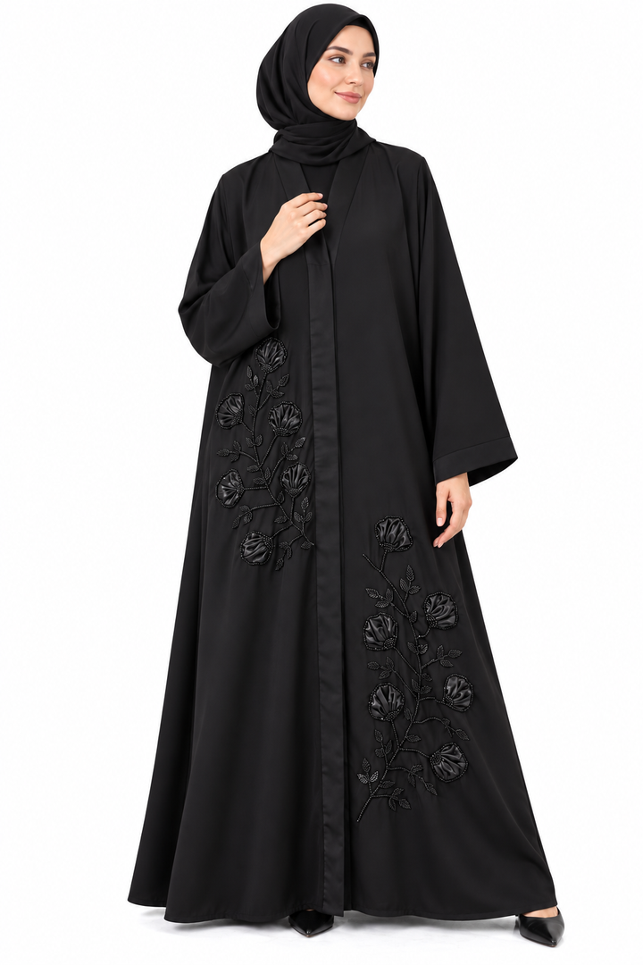 Black Handwork Tissue Embroidered Abaya | Elegant Floral Design