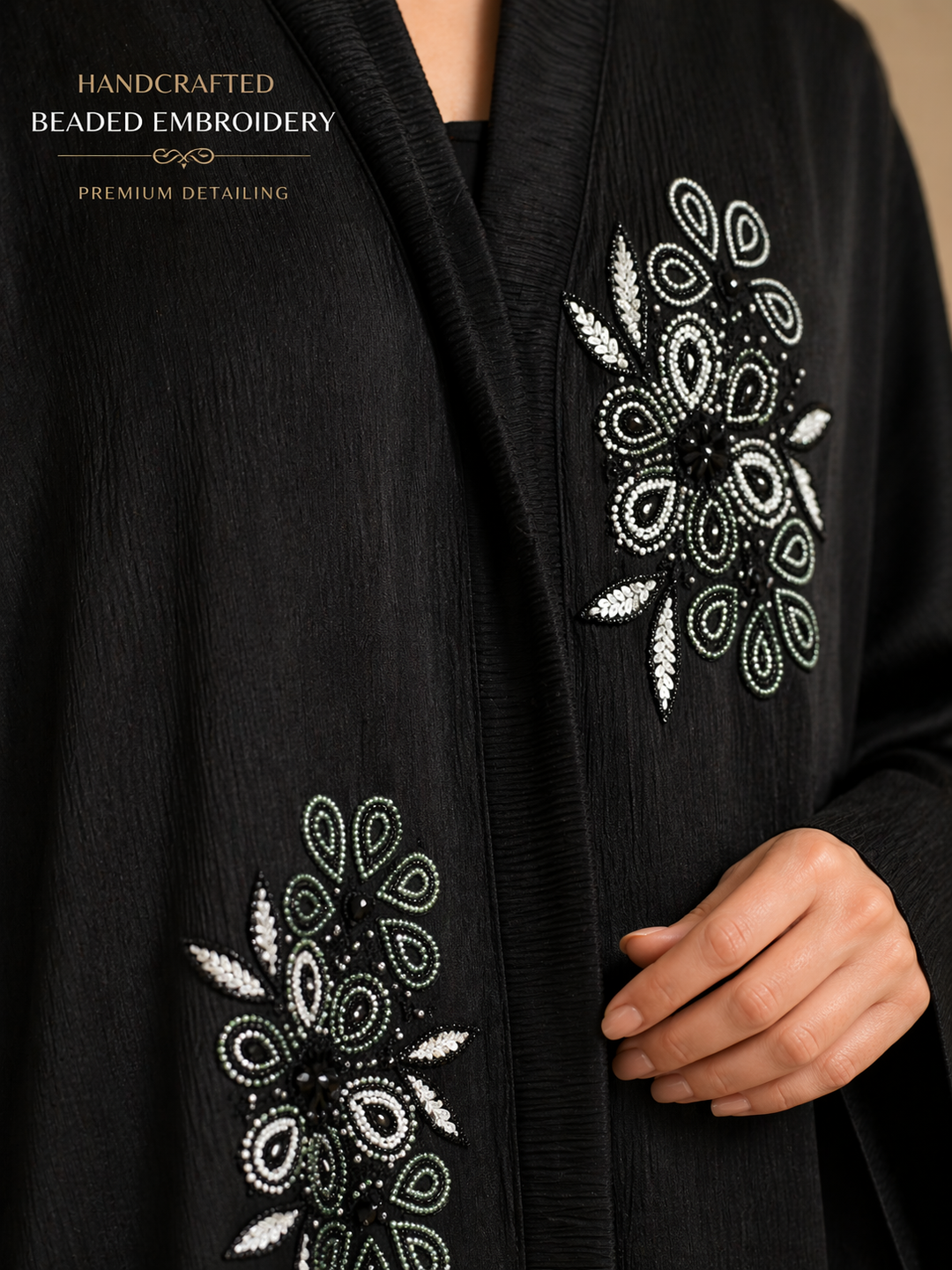 Premium Black Floral Embroidered Abaya (Without Dupatta) Handcrafted Beaded Designer Abaya for Women | Elegant Modest Wear