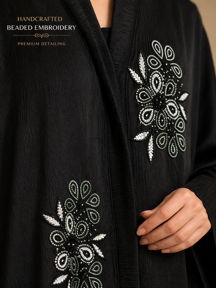 Premium Black Floral Embroidered Abaya (Without Dupatta) Handcrafted Beaded Designer Abaya for Women | Elegant Modest Wear