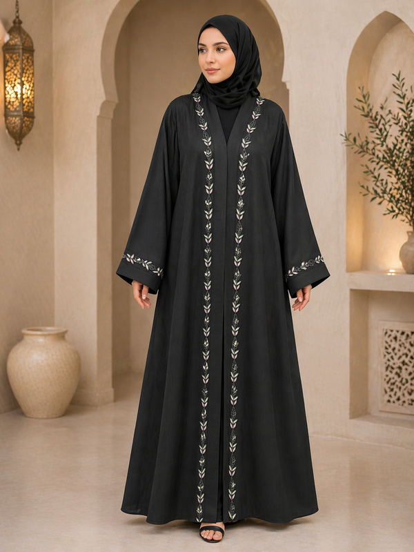 Black Front Panel Embroidered Abaya | Imported Zoom Fabric | Elegant Minimal Modest Wear by RTFACTS