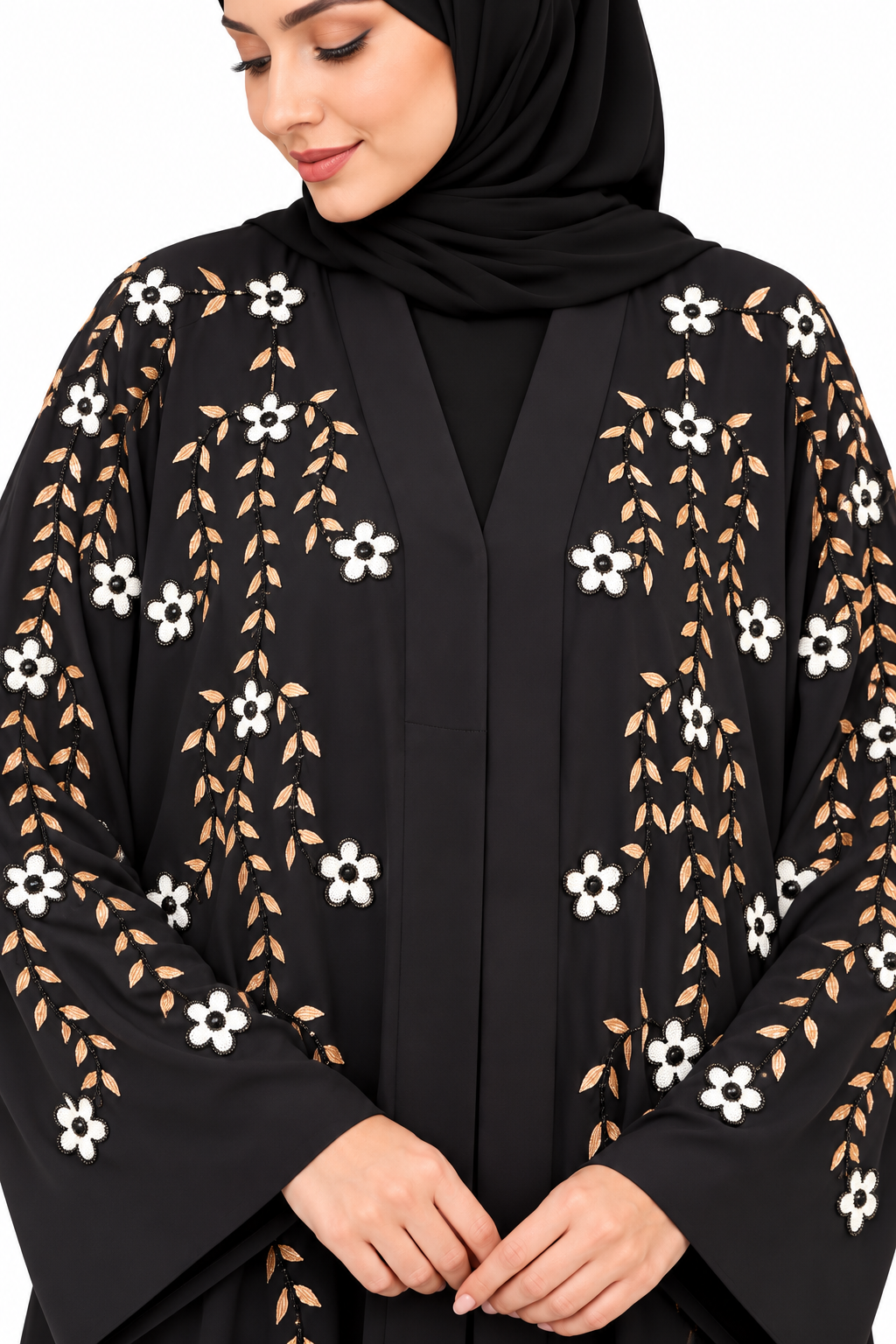 Black Floral Handwork Abaya | Elegant Front Open Embroidered Abaya