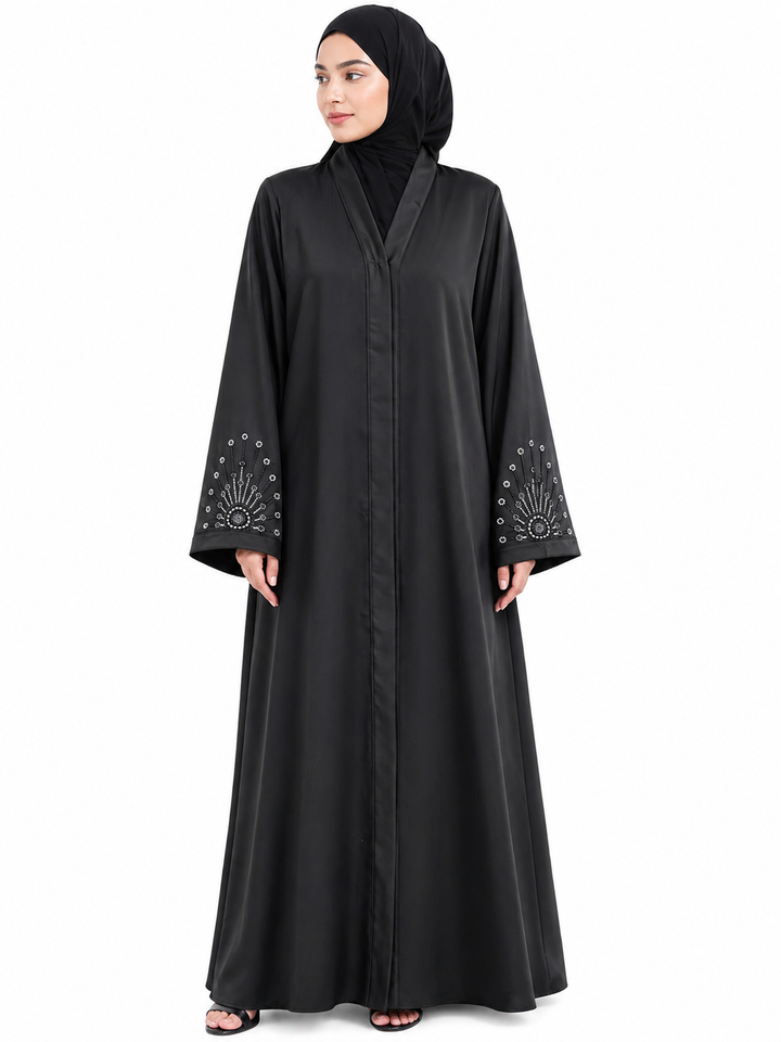 Black Katri Nida Abaya with Handwork Sleeves | Premium Front Open Modest Wear – RTFACTS