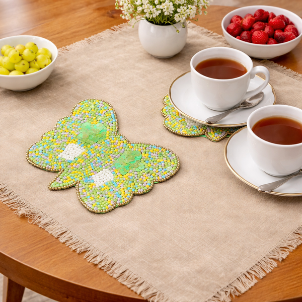 Butterfly Design Beaded Coaster Set of 2 – Elegant Table Decor for Tea & Coffee Cups