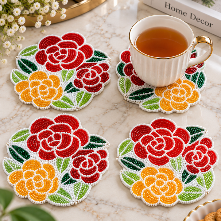 Floral Beaded Coaster Set of 4