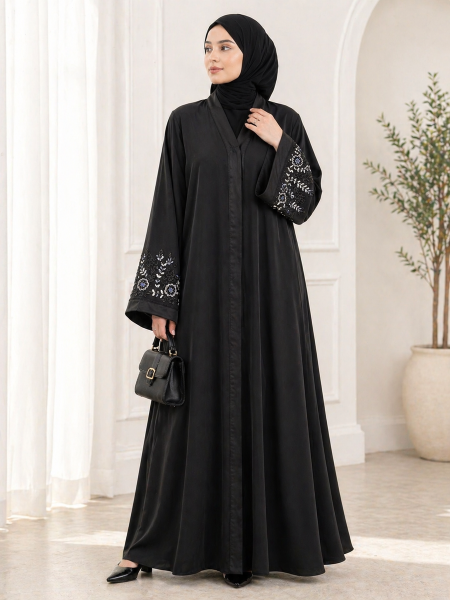 Black Katri Nida Abaya with Floral Handwork Sleeves | Front Open Elegant Modest Wear – RTFACTS