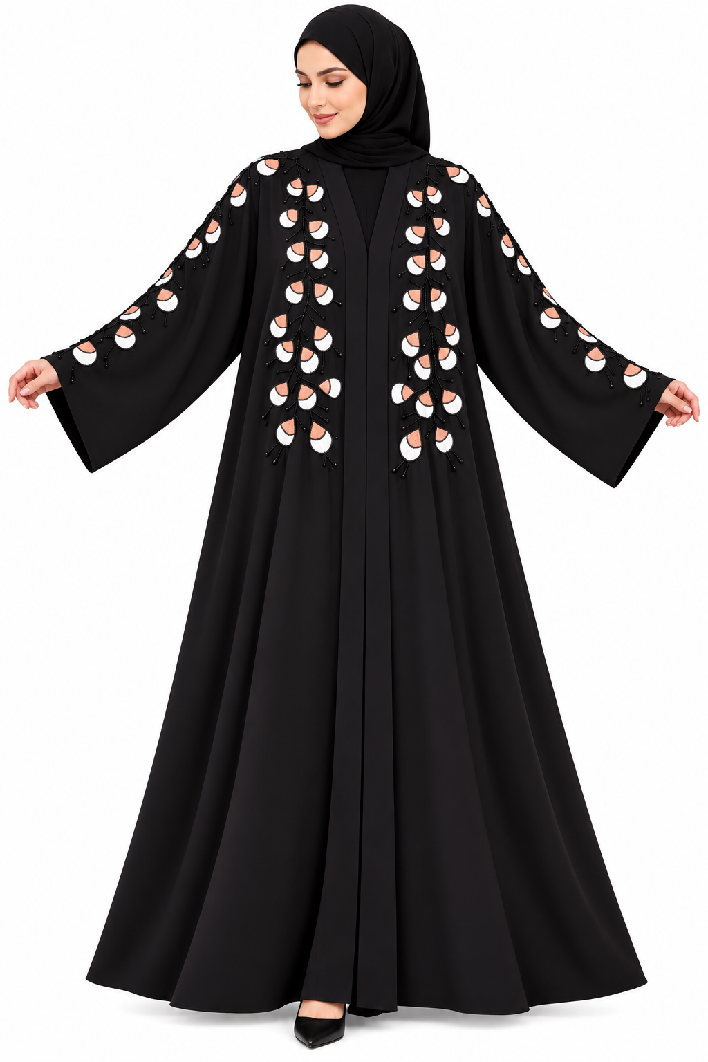 Black Peach &amp; White Floral Handwork Abaya | Front Open Embroidered Abaya