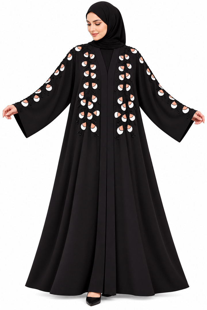 Black Peach &amp; White Floral Handwork Abaya | Front Open Embroidered Abaya