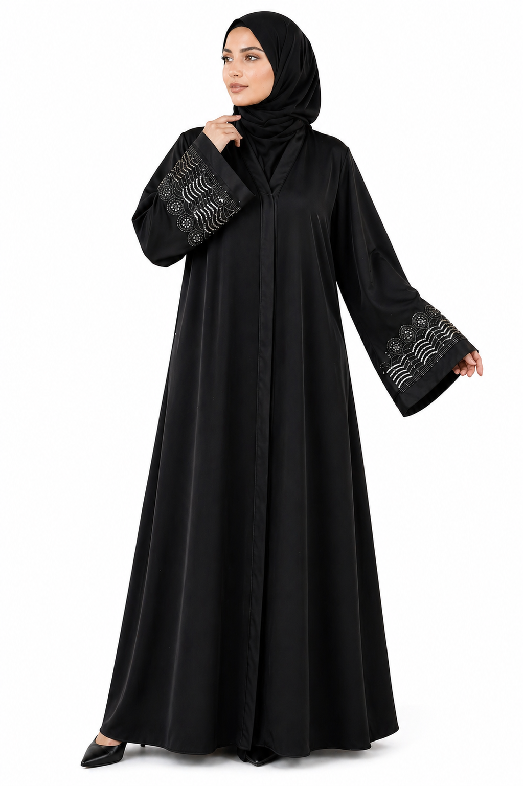 Luxury Black Abaya with Scallop Wave Handwork Sleeves | Premium Katri Nida Fabric | Elegant Modest Wear