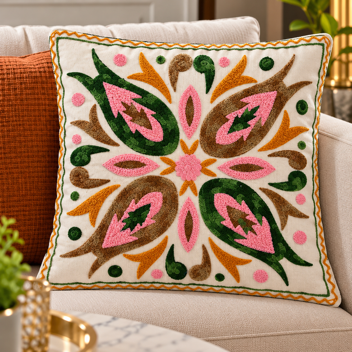 Handmade Embroidered Floral Cushion Cover 16×16 Inch | Traditional Folk Design Decorative Pillow for Sofa &amp; Home Decor