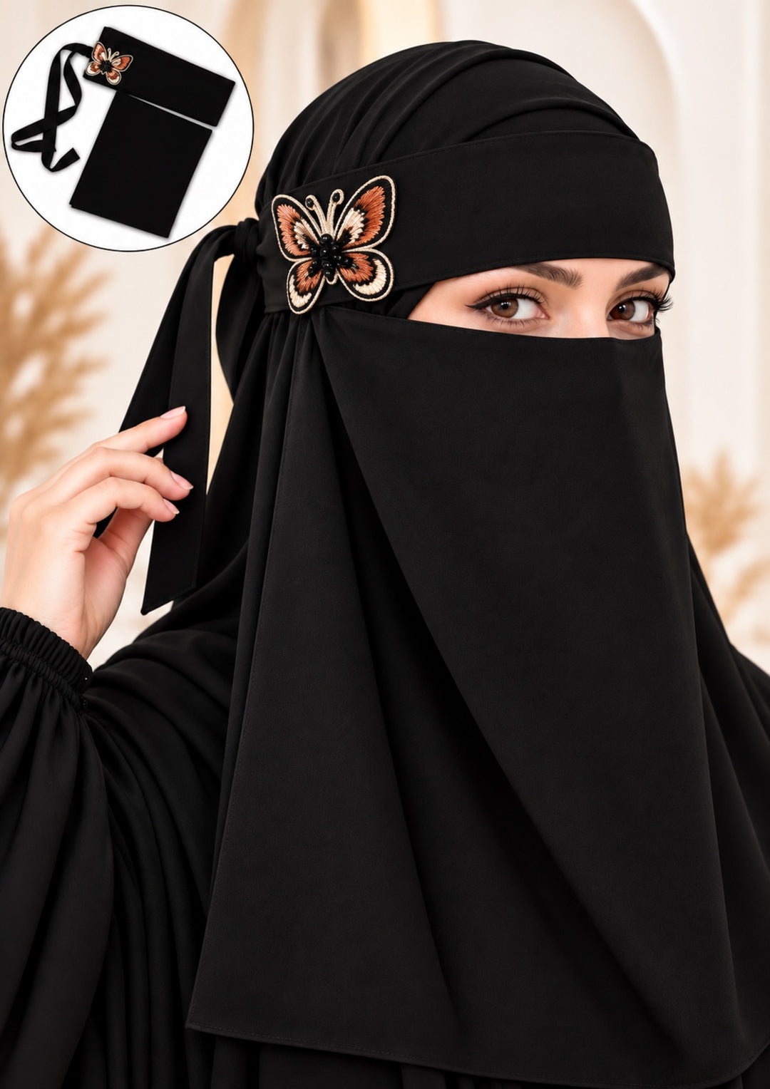 Black Handwork Butterfly Naqab – Elegant Embroidered Face Veil