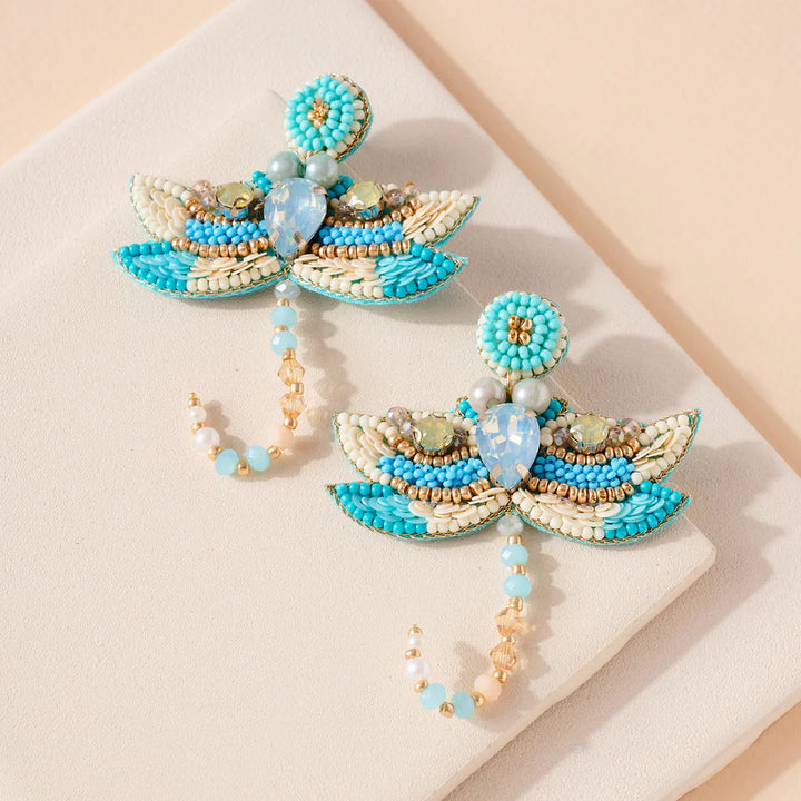 Dragonfly Glass Stone Pearls Beaded Earrings