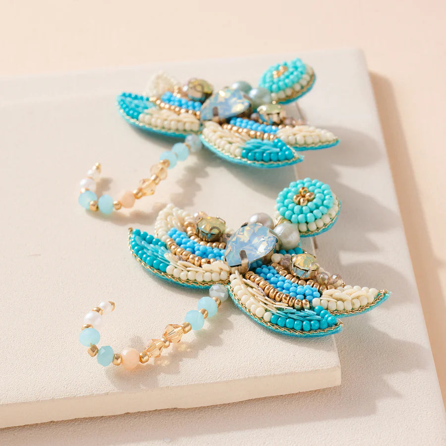 Dragonfly Glass Stone Pearls Beaded Earrings