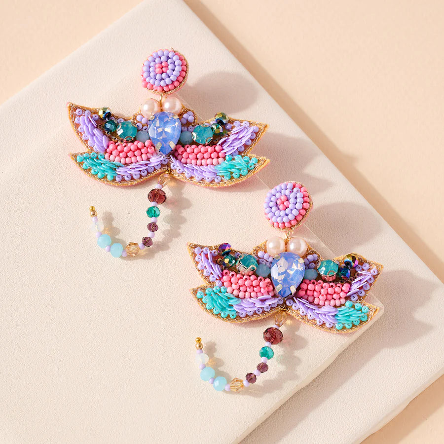 Dragonfly Glass Stone Pearls Beaded Earrings