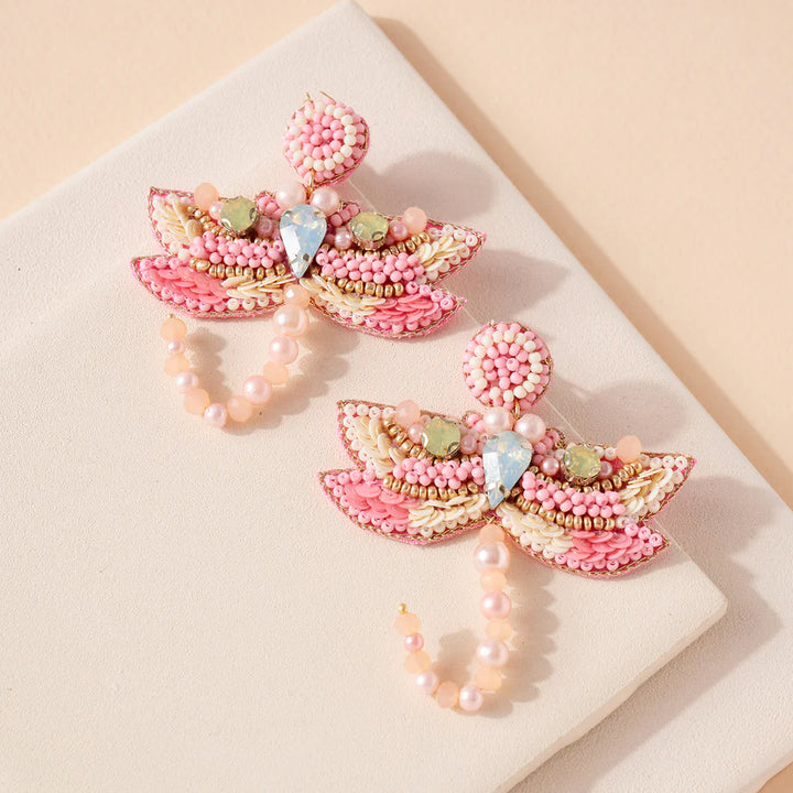 Dragonfly Glass Stone Pearls Beaded Earrings