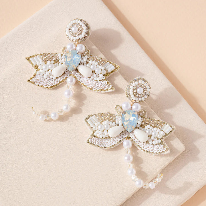 Dragonfly Glass Stone Pearls Beaded Earrings