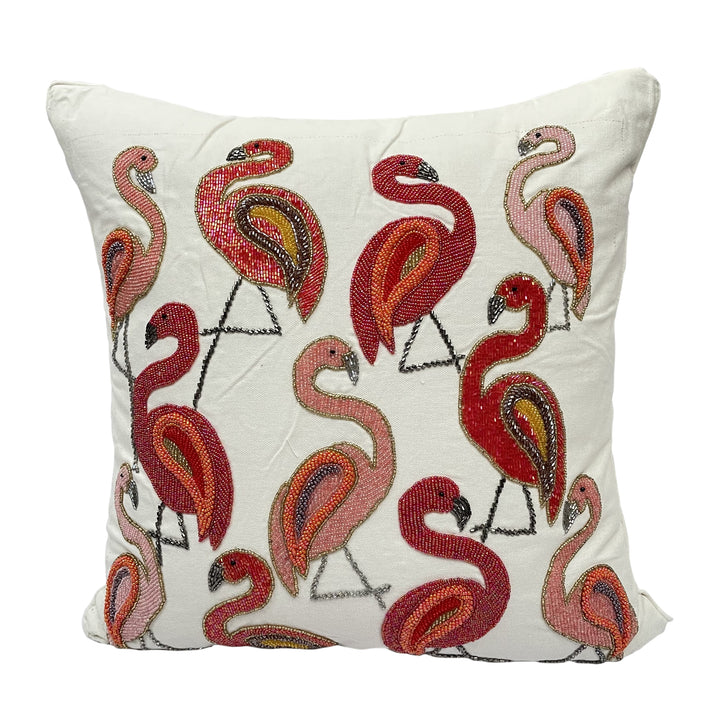 Flamingo Beaded Cushion cover Size 18x18 Inches