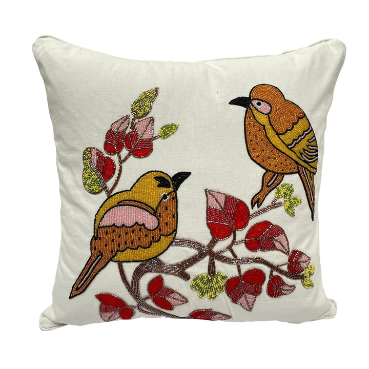 Birds Beaded Cushion Cover Size 16x16 Inches