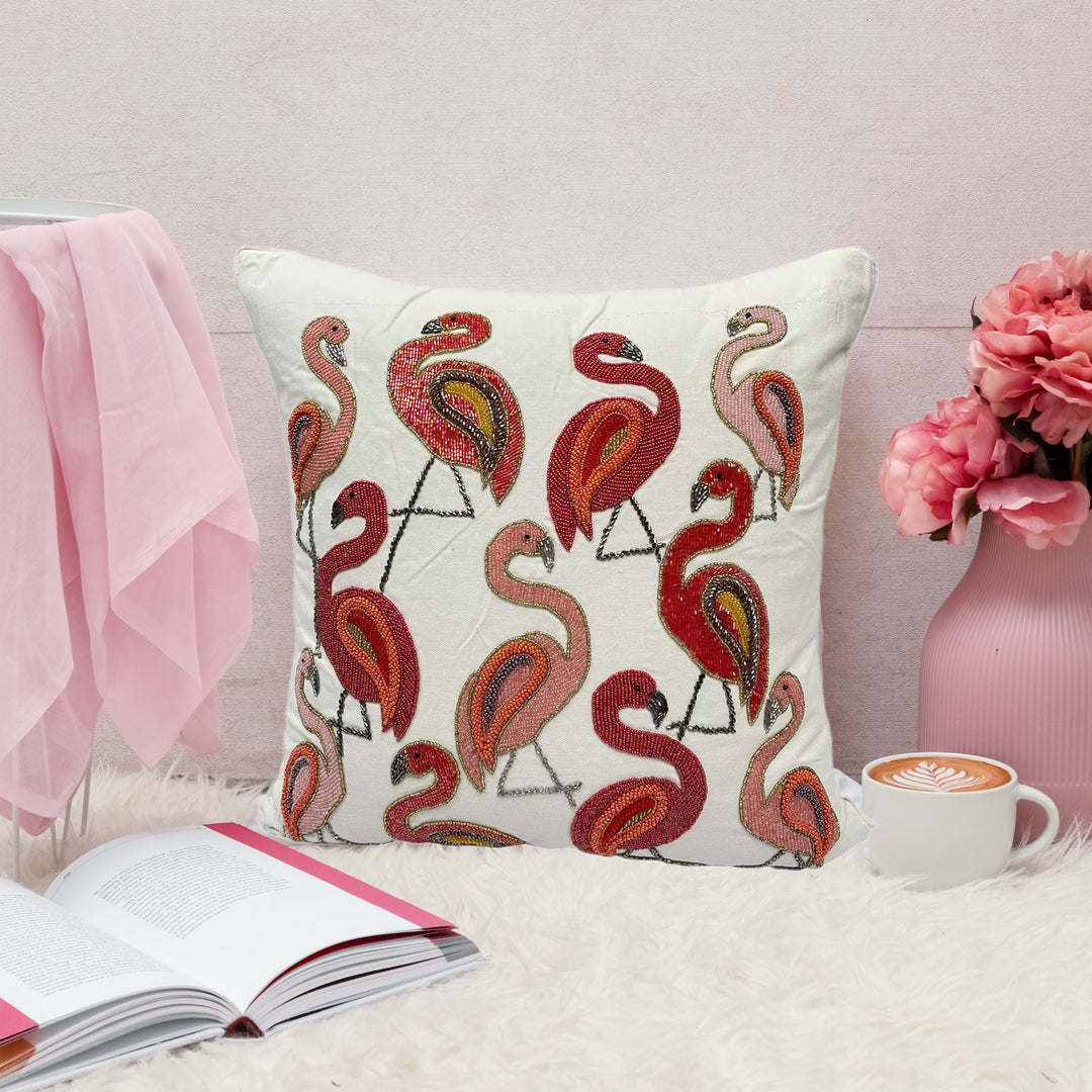 Flamingo Beaded Cushion cover Size 18x18 Inches