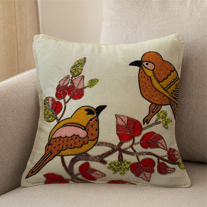 Birds Beaded Cushion Cover Size 16x16 Inches